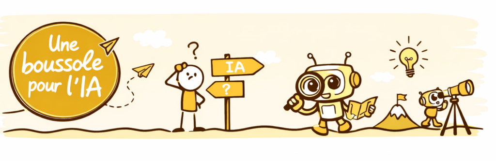 Bannière illustrée Une boussole pour l’IA avec mascotte robot et style dessin amusant